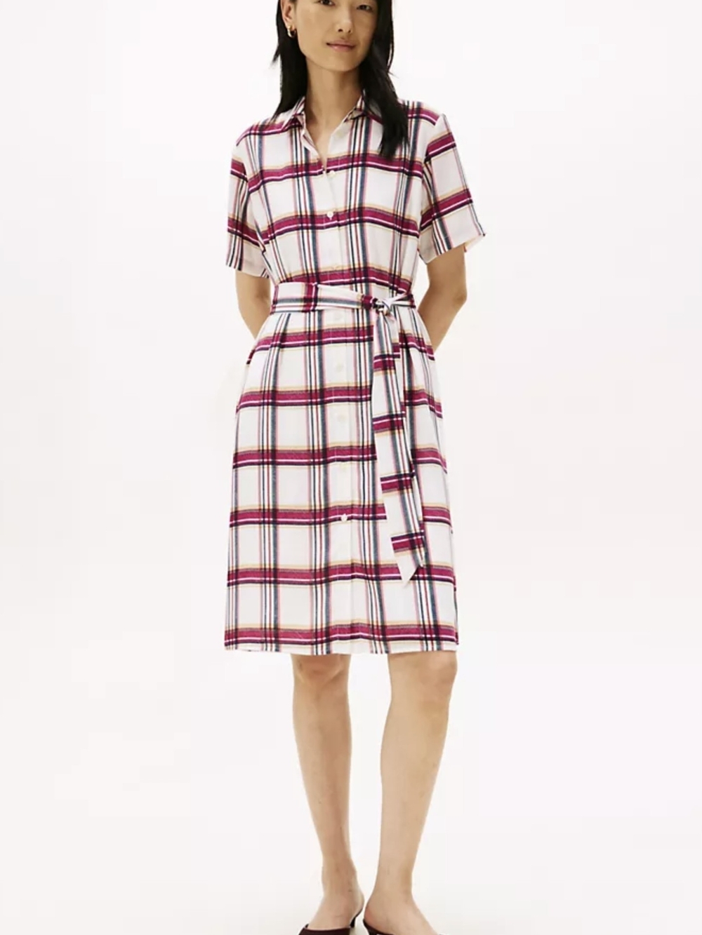 Tommy Hilfiger White Plaid Midi Shirt Dress with Pink and Navy Stripes